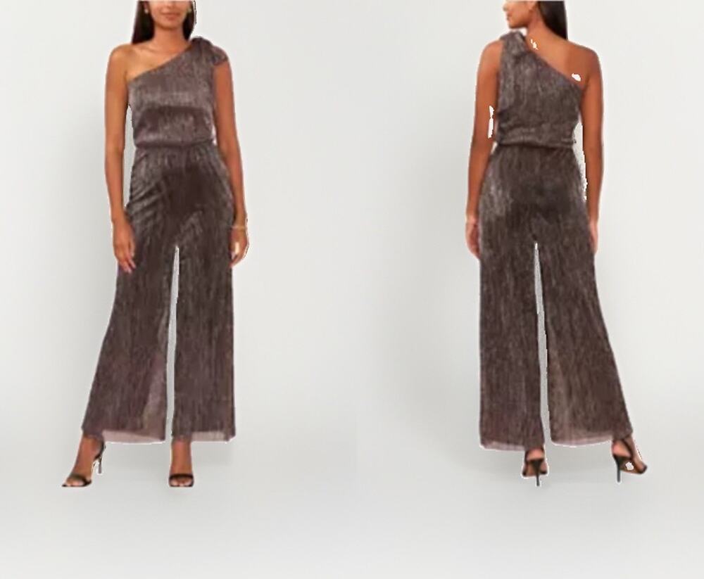 1.STATE Metallic 1-Shoulder Jumpsuit Sz Large Wide Leg Shimmer Evening Wear NEW